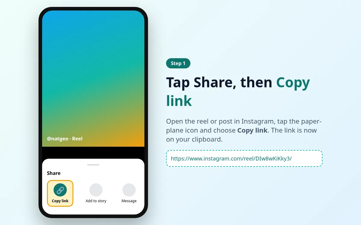 Instagram share menu with the Copy link option highlighted